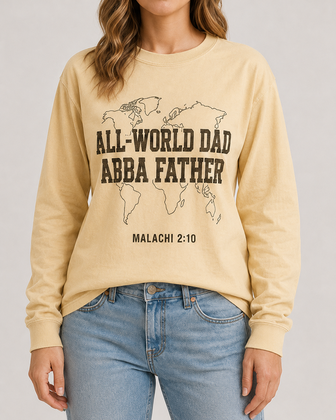 All-World Dad Abba Father Comfort Colors 6014 Butter long sleeve female studio front