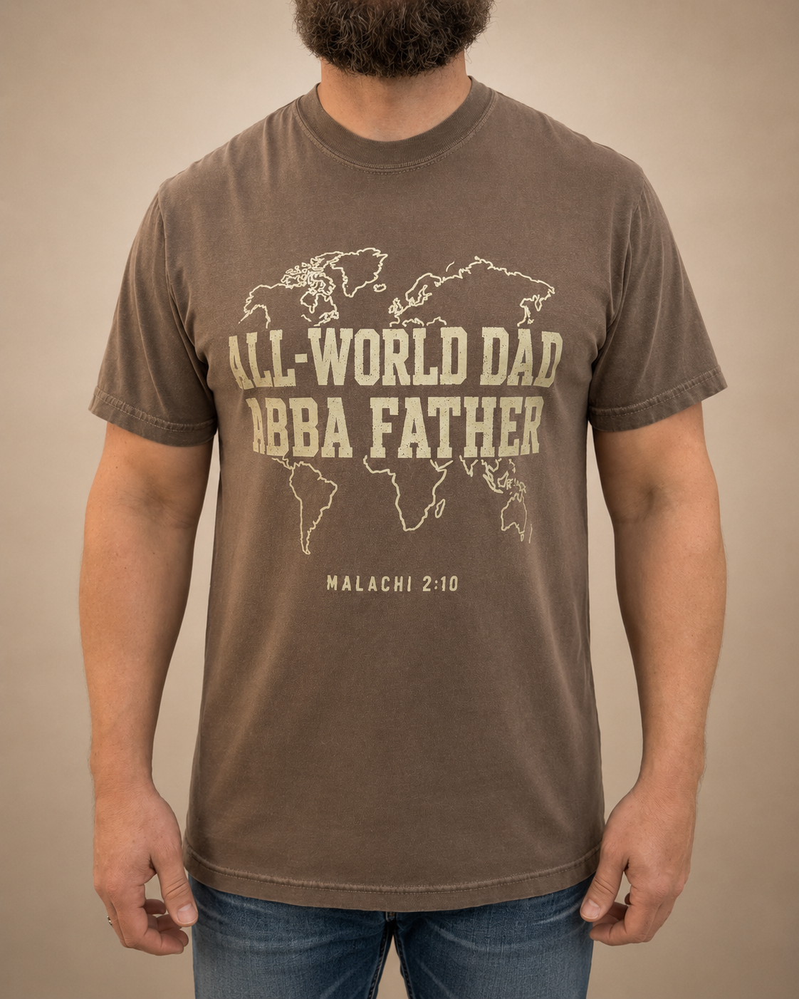 All-World Dad Abba Father Espresso Comfort Colors T-shirt, approved male warm-neutral studio front view