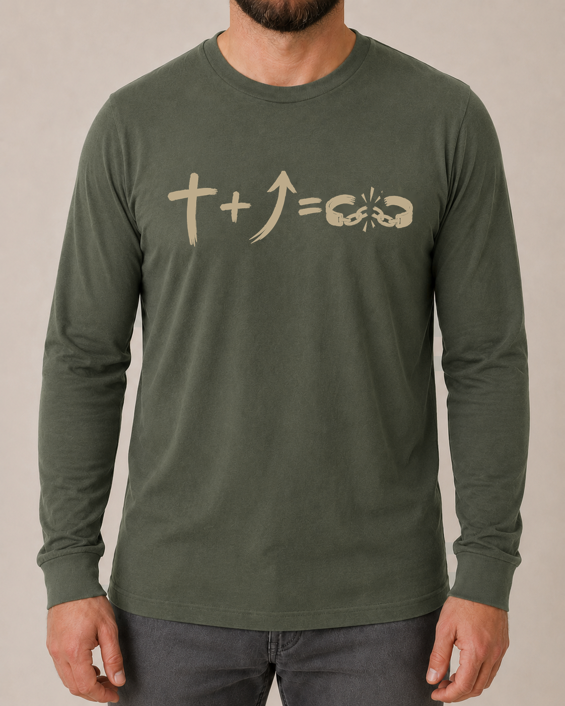 Freedom Galatians 5:1 Comfort Colors 6014 Moss long sleeve with BLOVD Heritage Khaki artwork, approved male front view