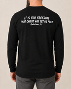 Freedom | Galatians 5:1 Black long-sleeve shirt, modeled back view