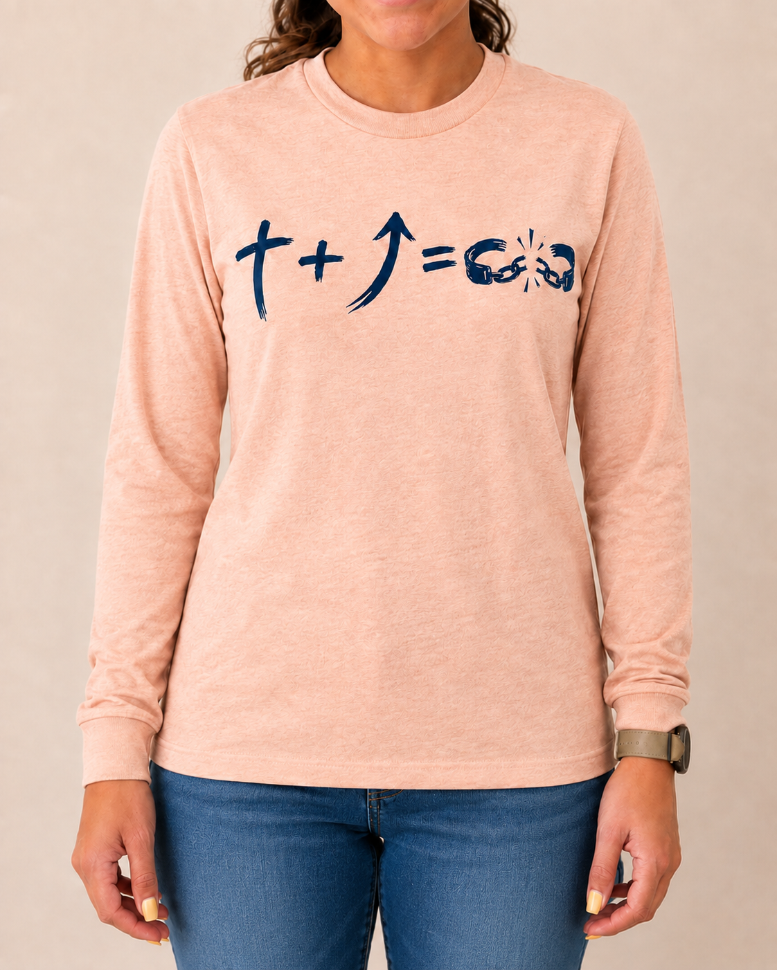 Freedom Galatians 5:1 long sleeve Heather Peach front view