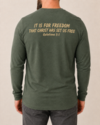 Freedom | Galatians 5:1 Military Green long-sleeve shirt, modeled back view