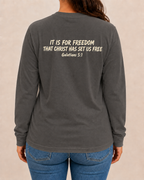 Freedom | Galatians 5:1 Pepper long-sleeve shirt, modeled back view