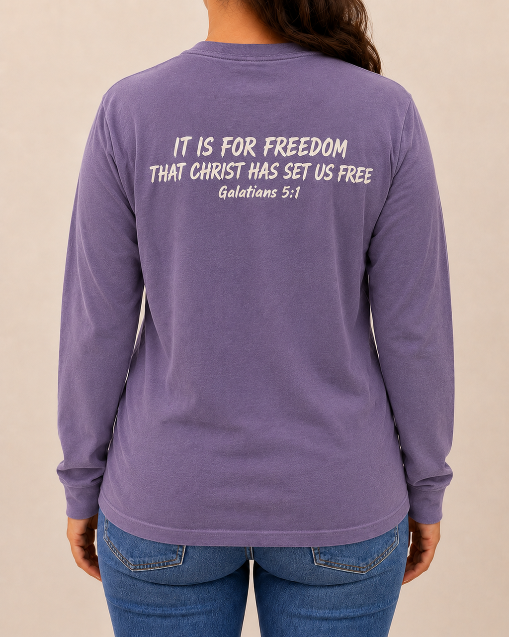 Freedom Galatians 5:1 long sleeve Violet back view