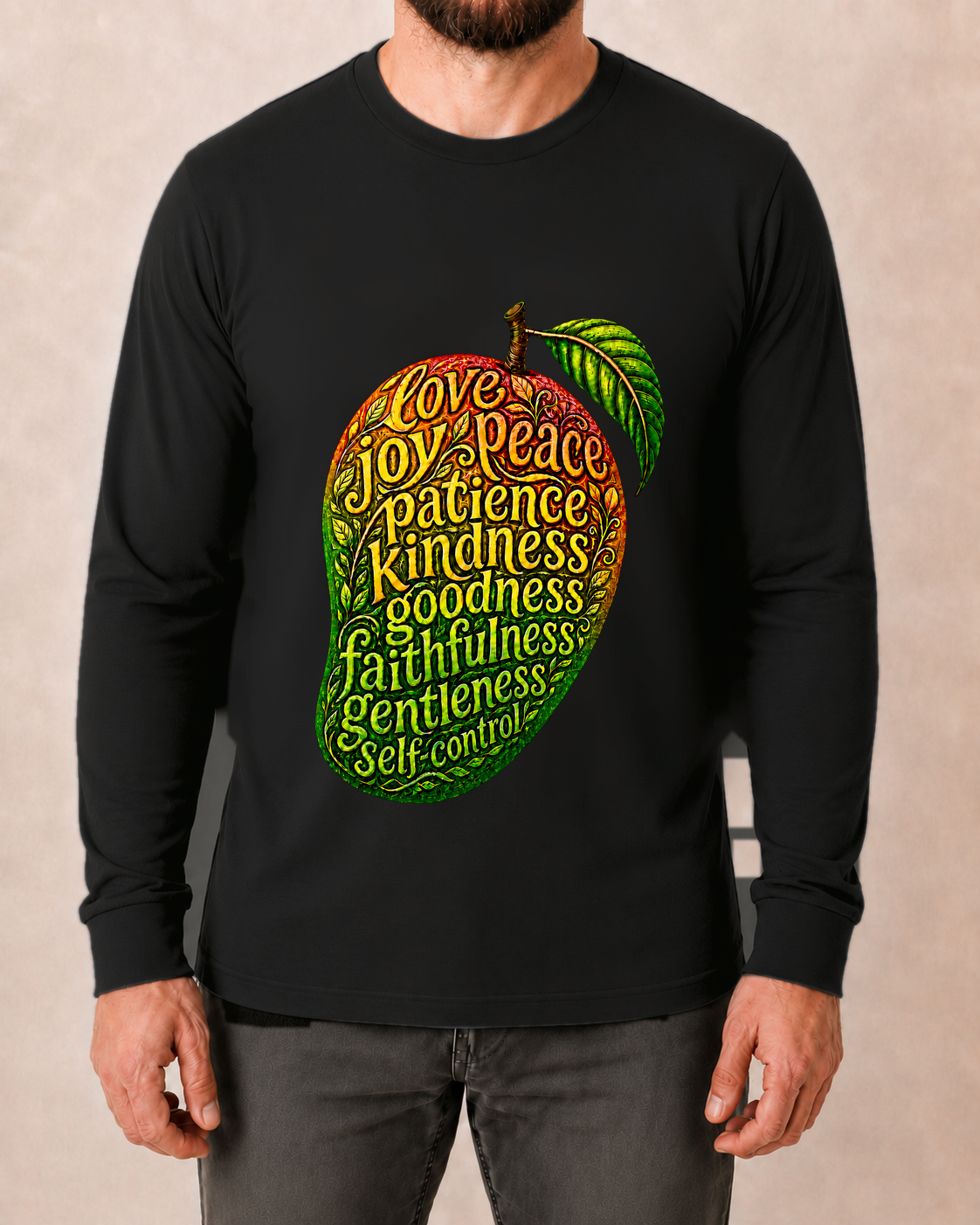 Fruit of the Spirit Galatians 5:22-23 Comfort Colors 6014 Black long sleeve, approved front studio view