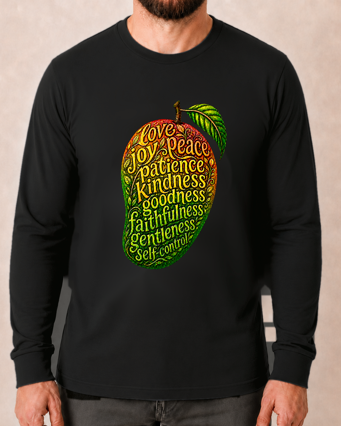 Fruit of the Spirit | Galatians 5:22–23 Black Comfort Colors 6014 long-sleeve shirt, modeled front view