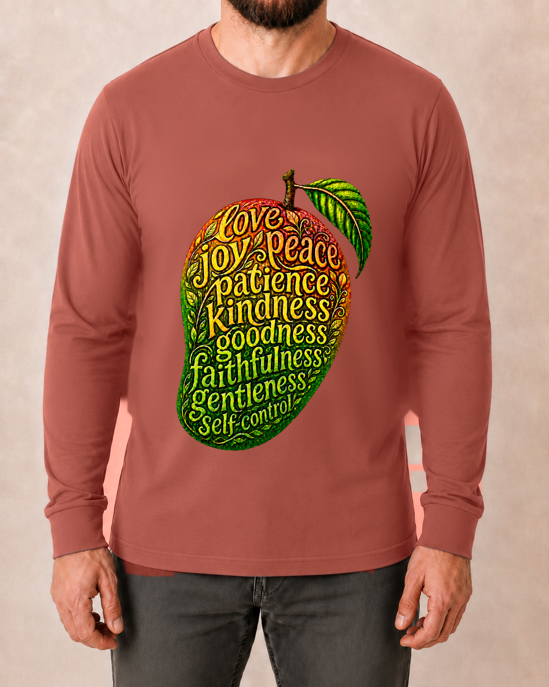 Fruit of the Spirit Galatians 5:22-23 Comfort Colors 6014 Crimson long sleeve, approved front studio view