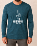 He Is the Way John 14:6 Bella+Canvas 3501CVC Heather Deep Teal long sleeve with Pure White artwork, approved male front studio view