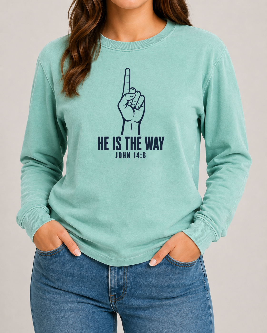 He Is the Way John 14:6 Comfort Colors 6014 Island Reef long sleeve with Heritage Navy artwork, approved female front studio view in jeans