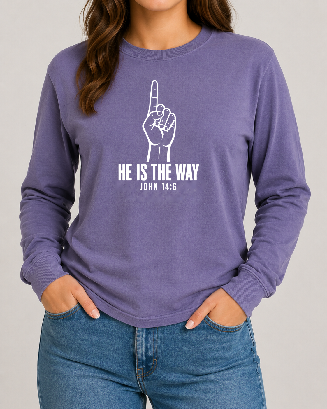 He Is the Way John 14:6 Comfort Colors 6014 Violet long sleeve with Pure White artwork, approved female front studio view in jeans