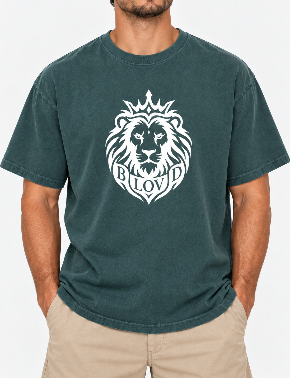 BLOVD Lion — Garment-Dyed — Blue Spruce — Comfort Colors 1717 — True White 9.5-inch front Lion