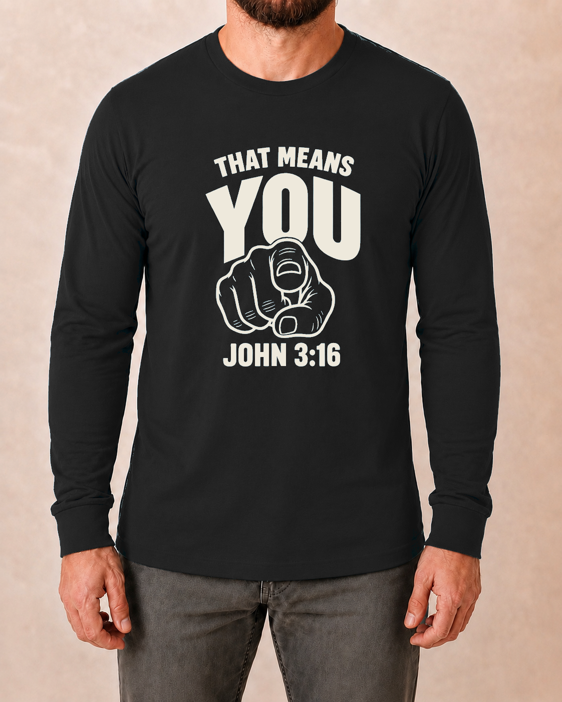 That Means You John 3:16 Bella+Canvas Black Heather long sleeve with BLOVD Linen artwork, approved male front studio view