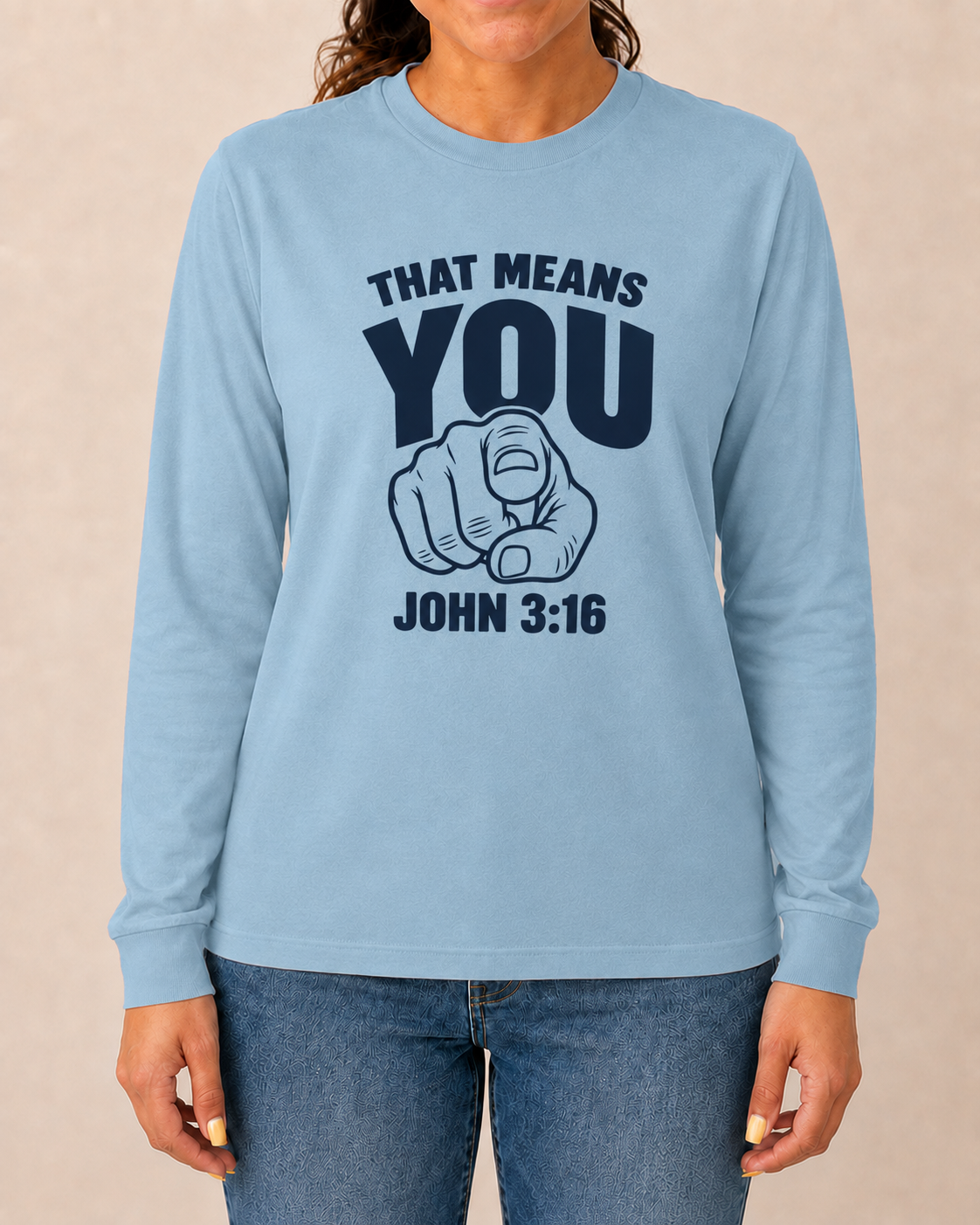 That Means You John 3:16 Comfort Colors Chambray long sleeve with Heritage Navy artwork, approved female front studio view in jeans