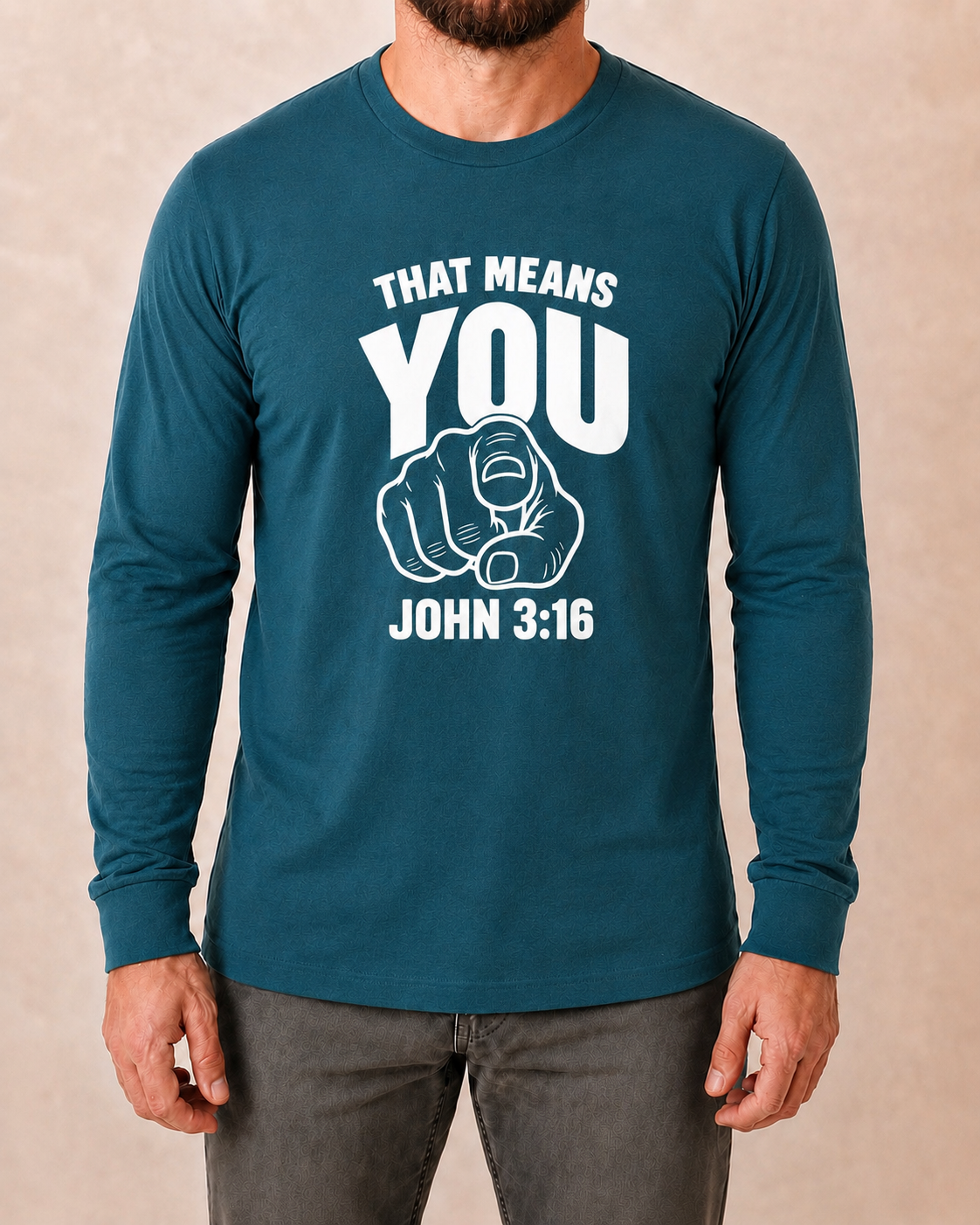 That Means You John 3:16 Bella+Canvas Heather Deep Teal long sleeve with Pure White artwork, approved male front studio view
