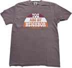 You Are My Neighbor Matthew 22:39 cream orange and maroon design on Comfort Colors 1717 Espresso tee