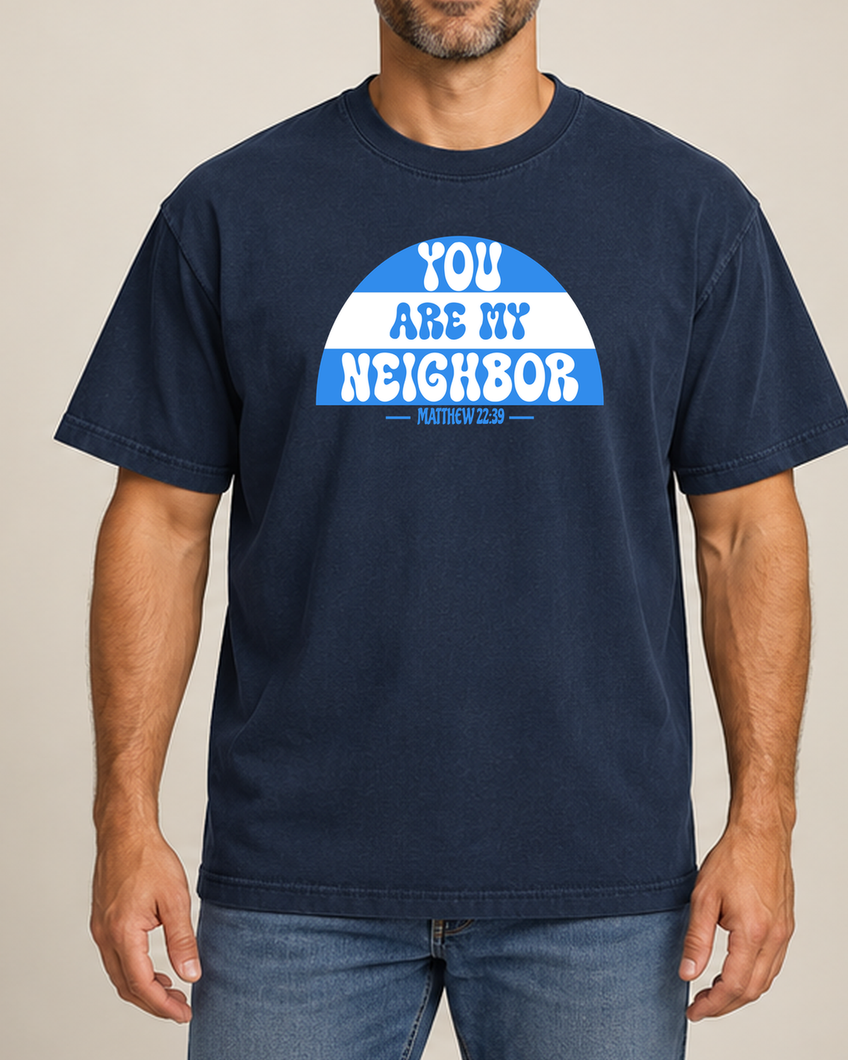 Navy BC4810GD Medium You Are My Neighbor Blue and White Matthew 22:39 model front below lips