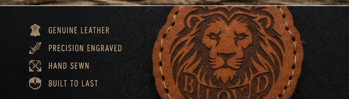 THE BLOVD CO. genuine leather lion patch with hand-sewn construction detail