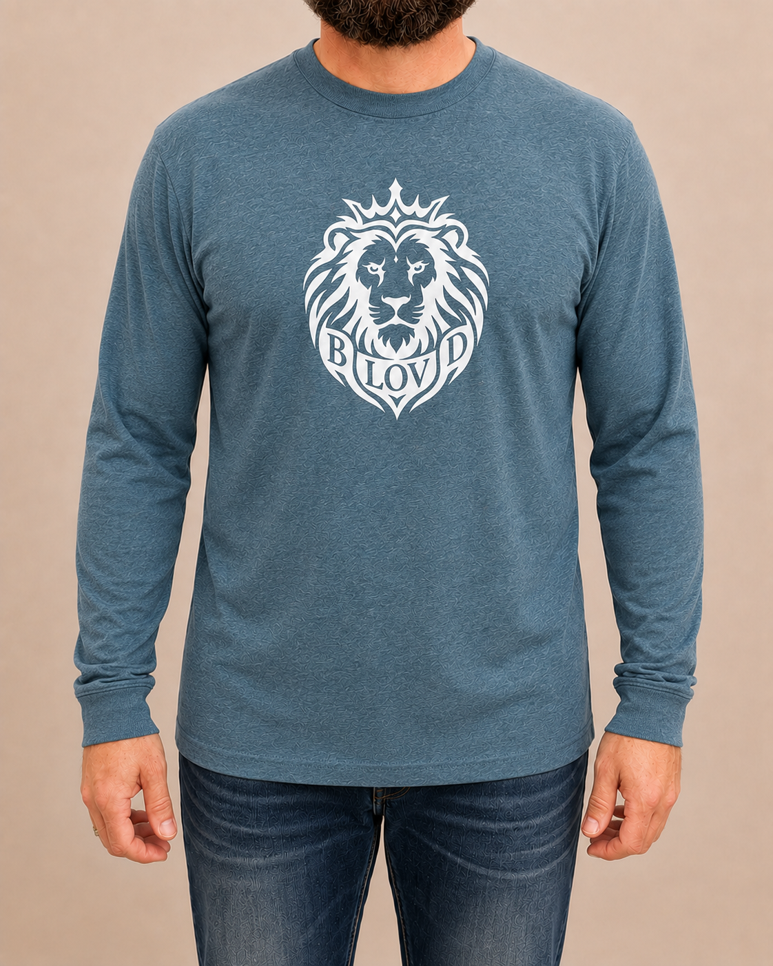 THE BLOVD Lion Classic Bella+Canvas 3501CVC Heather Deep Teal long sleeve with True White artwork, approved male front studio view