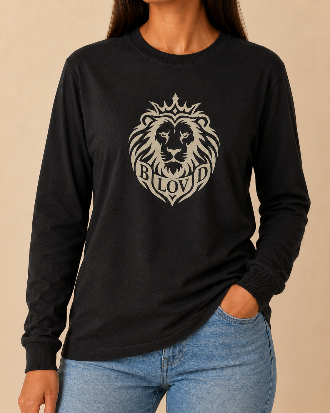 THE BLOVD Lion Classic Bella+Canvas 3501 Vintage Black long sleeve with Soft Linen artwork, approved female front studio view
