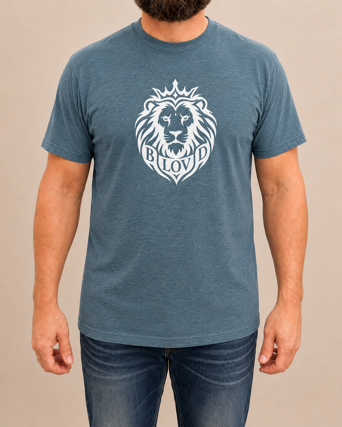 THE BLOVD Lion Classic on Bella+Canvas 3001CVC Heather Deep Teal with True White artwork, male front view