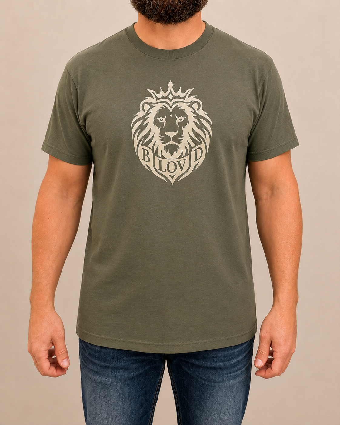 THE BLOVD Lion Classic on Bella+Canvas 3001 Military Green with Warm Ivory artwork, male front view