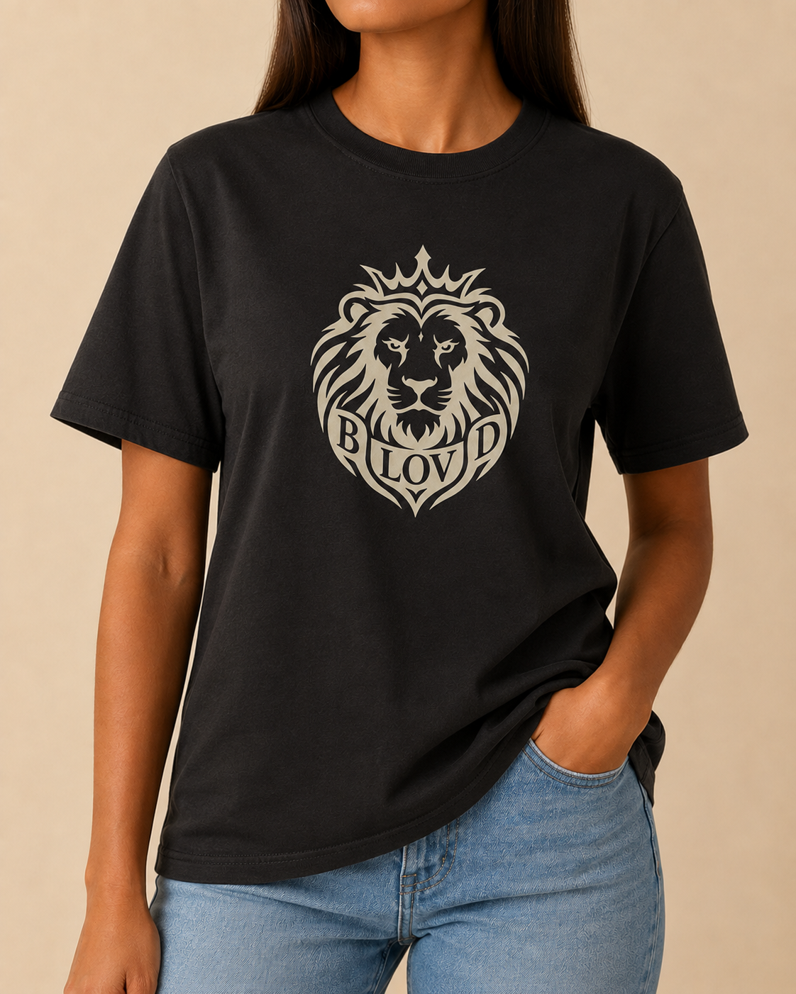 THE BLOVD Lion Classic on Bella+Canvas 3001 Vintage Black with Soft Linen artwork, female front view