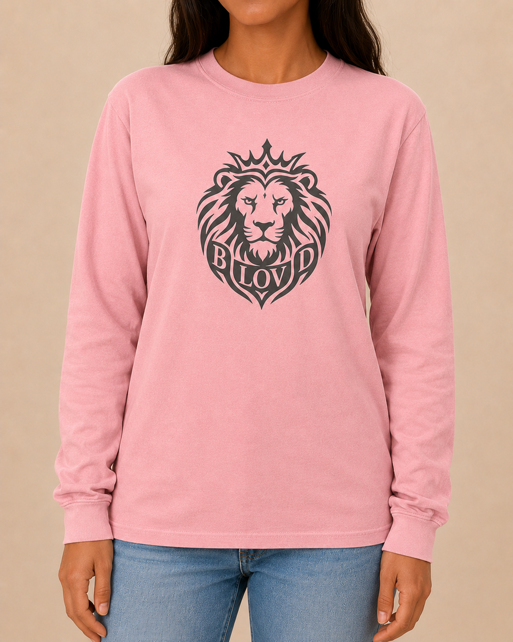 THE BLOVD Lion Classic Comfort Colors 6014 Blossom long sleeve with Deep Charcoal Lion artwork, approved female front studio view