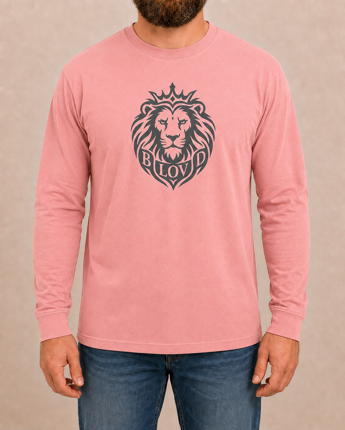 THE BLOVD Lion Classic Comfort Colors 6014 Blossom long sleeve with Deep Charcoal Lion artwork, approved male front studio view