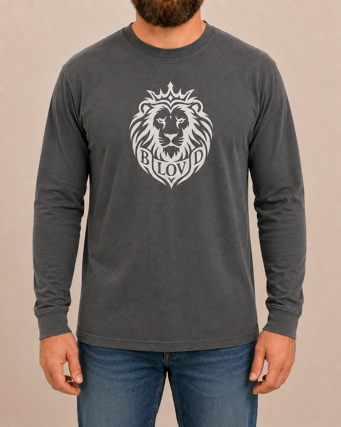 THE BLOVD Lion Classic Comfort Colors 6014 Pepper long sleeve with white Lion artwork, approved male front studio view