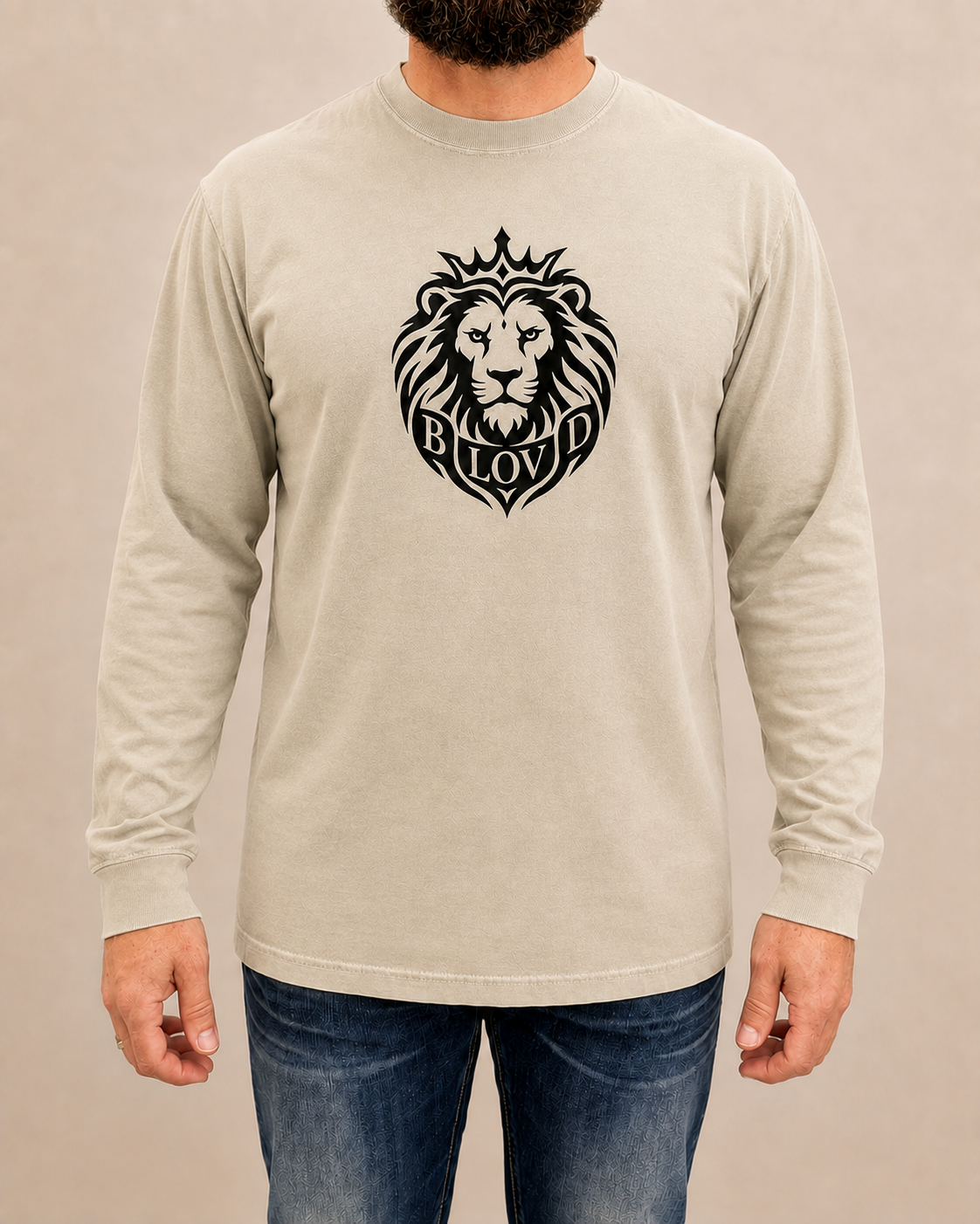 THE BLOVD Lion Classic Comfort Colors 6014 Sandstone long sleeve with black Lion artwork, approved male front studio view