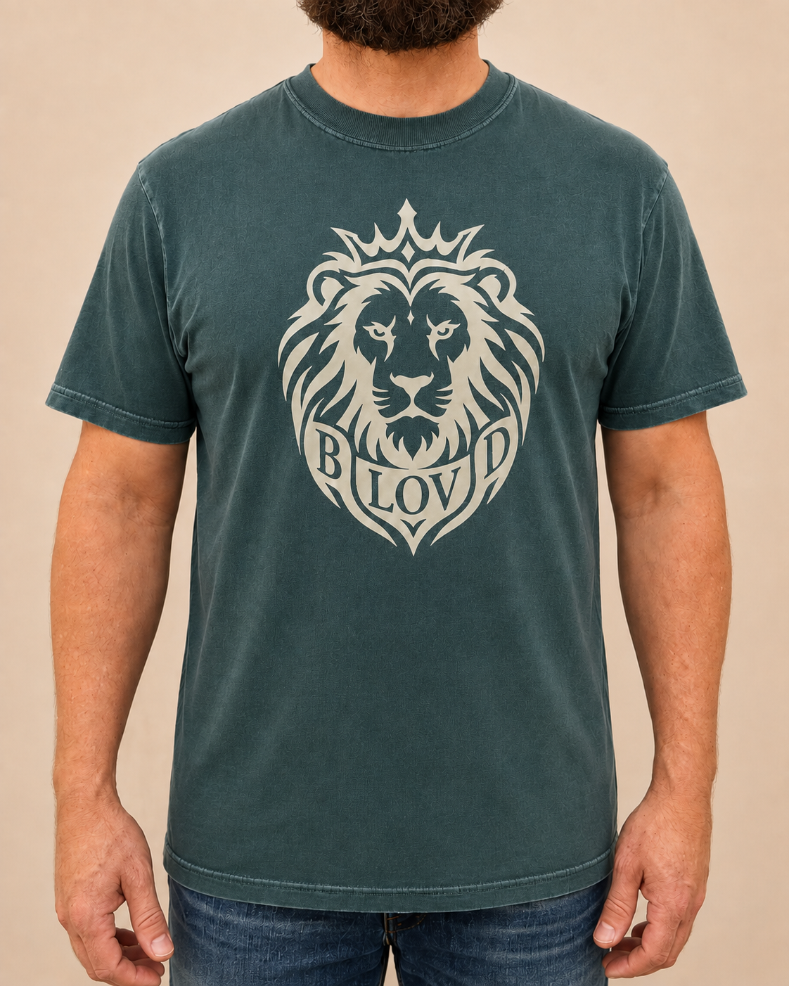 THE BLOVD Lion Signature on Comfort Colors 1717 Blue Spruce with Soft Linen artwork, male front view