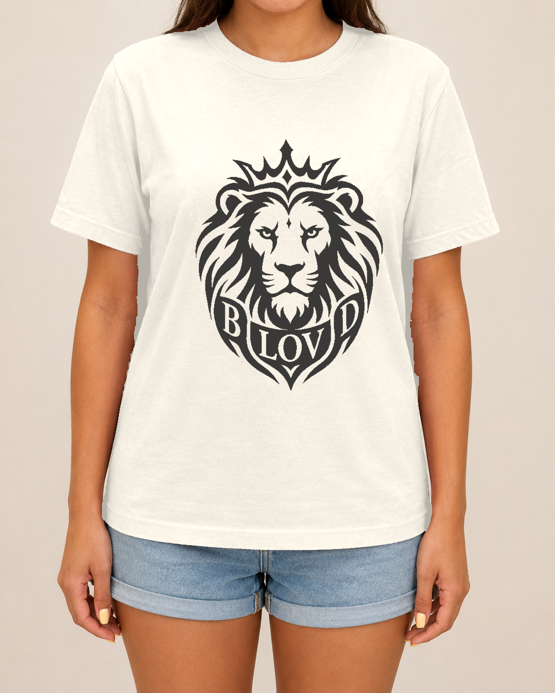 THE BLOVD Lion Signature — Comfort Colors 1717 Ivory / Deep Charcoal — female front