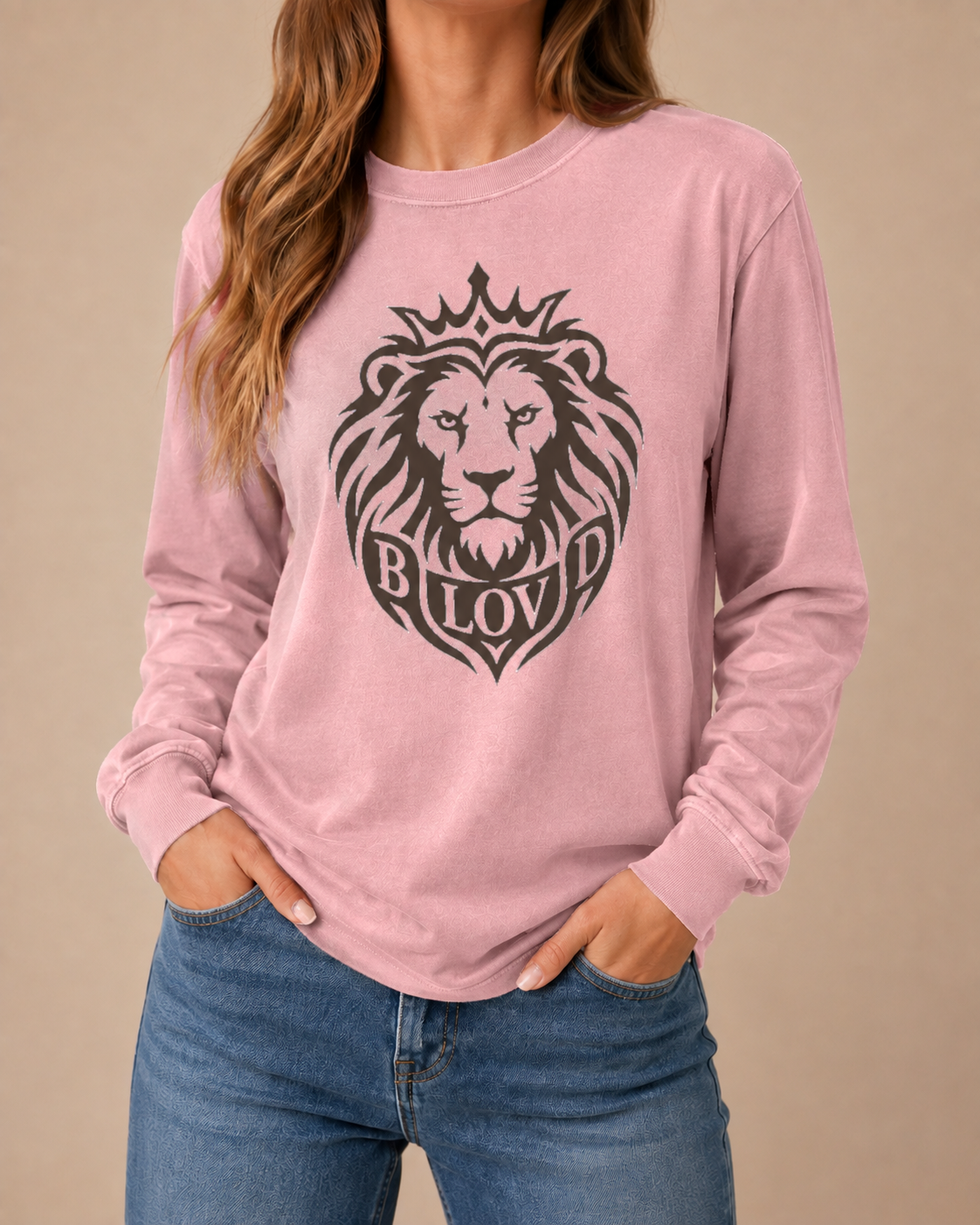 THE BLOVD Lion Signature Comfort Colors 6014 Blossom long sleeve with Deep Charcoal Lion artwork, approved female front studio view
