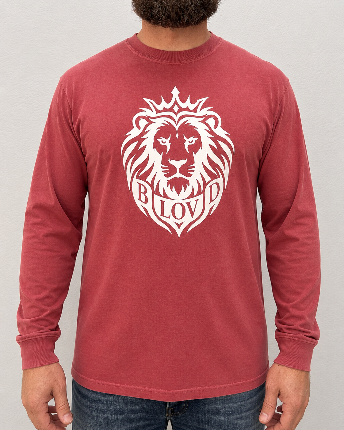 THE BLOVD Lion Signature Comfort Colors 6014 Crimson long sleeve with white Lion artwork, approved tightly cropped male front studio view