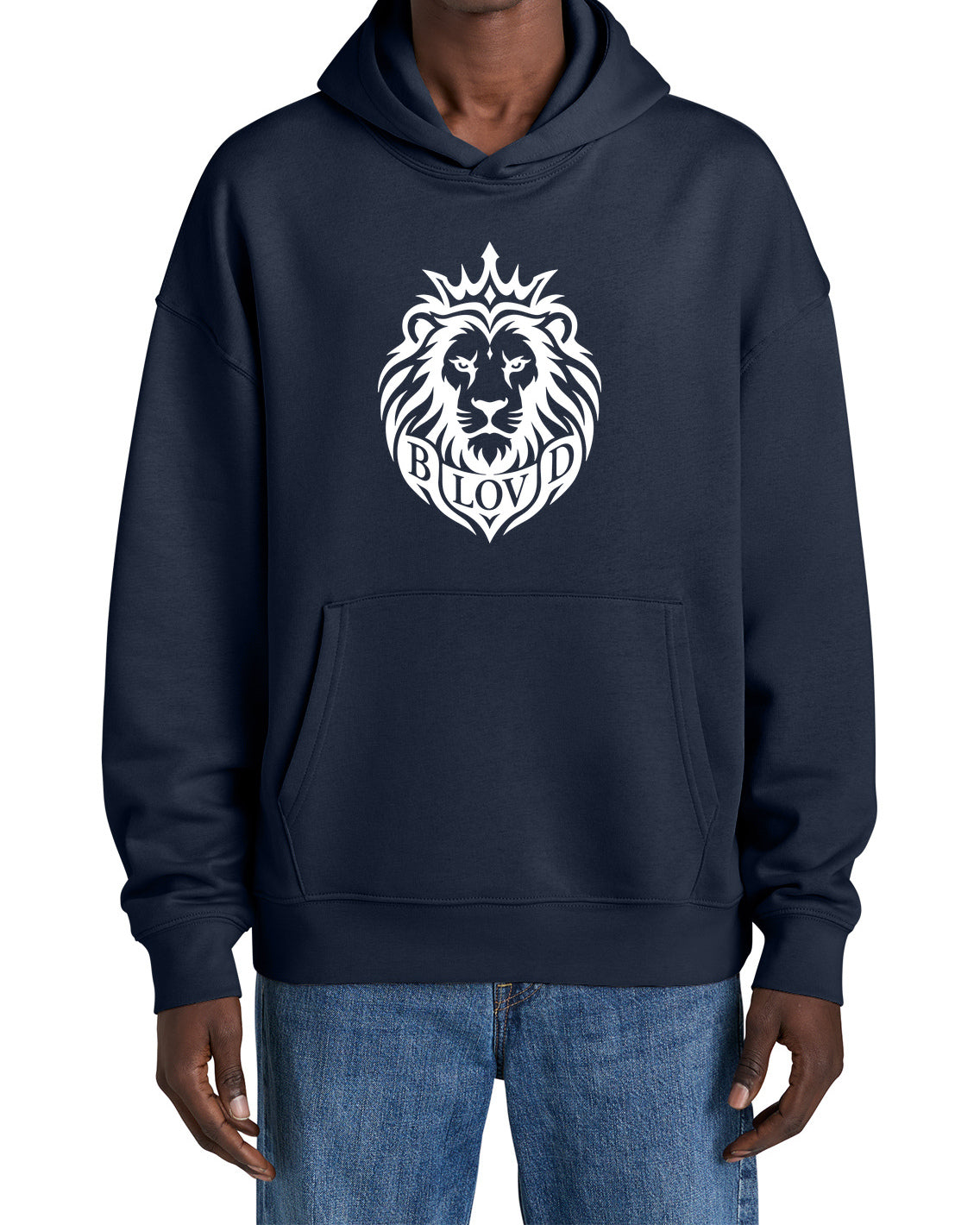 The BLOVD Co. SXU038 in French Navy, front studio view with white BLOVD Lion
