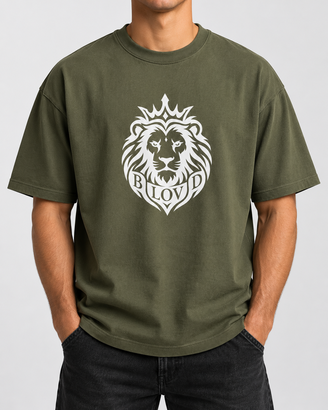 Beloved Lion — Heavyweight — Olive — True White 9.5-inch front Lion