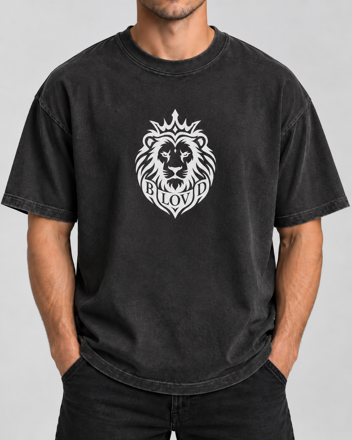 Beloved Lion — Heavyweight — Washed Black — True White 9.5-inch front Lion