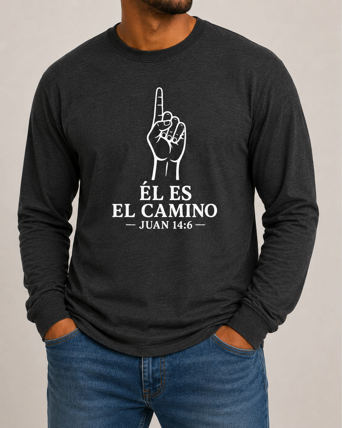 Él Es el Camino Bella+Canvas 3501CVC Black Heather long sleeve with Pure White artwork, approved male front studio view
