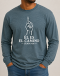 Él Es el Camino Bella+Canvas 3501CVC Heather Deep Teal long sleeve with Pure White artwork, approved male front studio view