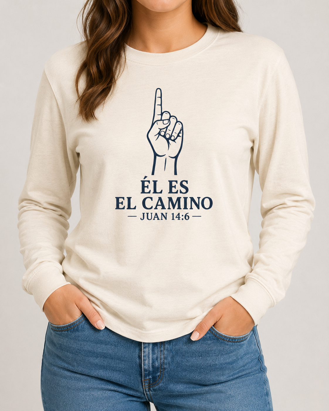 Él Es el Camino Bella+Canvas 3501 Natural long sleeve with Heritage Navy artwork, approved female front studio view