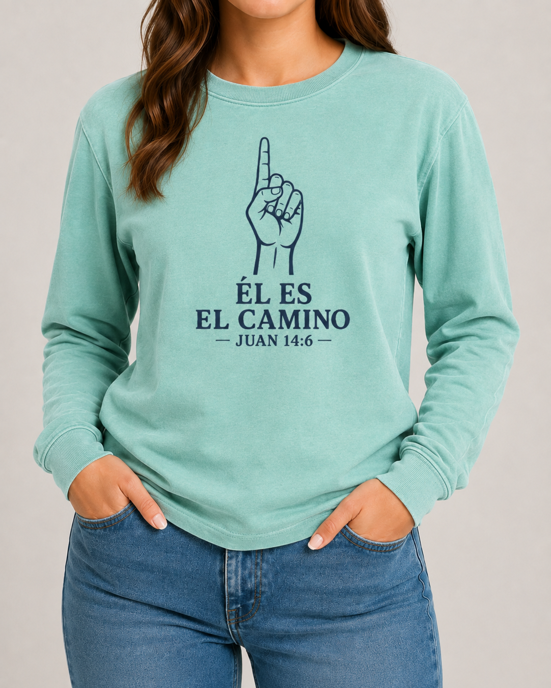 Él Es el Camino Comfort Colors 6014 Island Reef long sleeve with Heritage Navy artwork, approved female front studio view