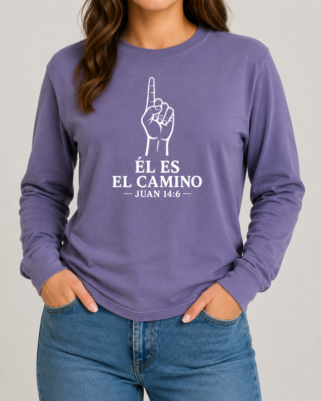 Él Es el Camino Comfort Colors 6014 Violet long sleeve with Pure White artwork, approved female front studio view