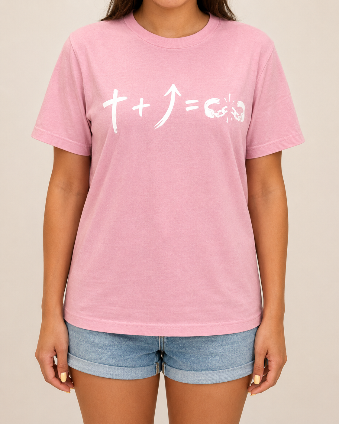 Freedom Galatians 5:1 Comfort Colors Blossom tee with BLOVD Heritage Burgundy artwork, approved female warm-neutral studio front view cropped below the lips.