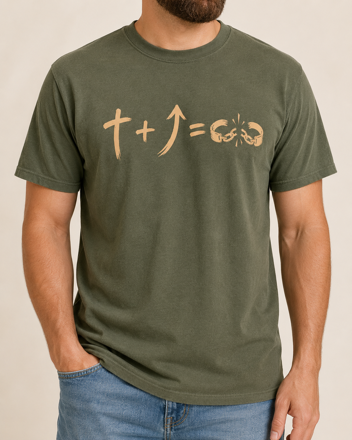 Freedom Galatians 5:1 Comfort Colors Moss tee with BLOVD Coyote Tan artwork, approved male warm-neutral studio front view cropped below the lips.