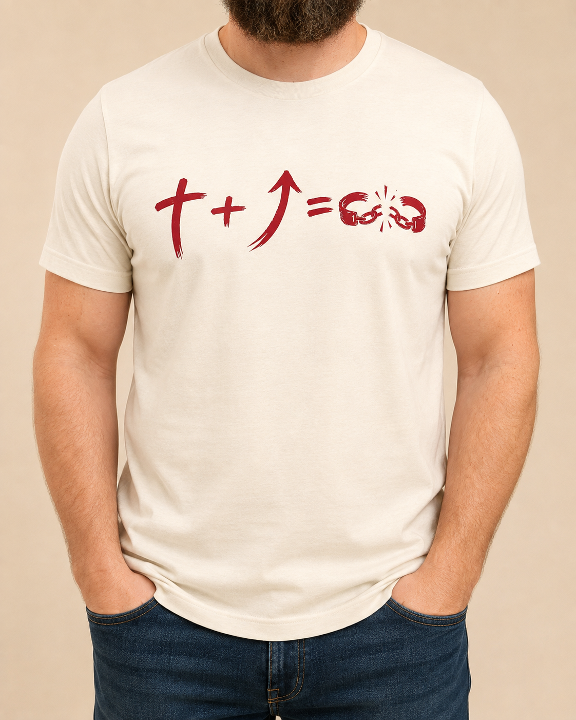 Freedom Galatians 5:1 Bella+Canvas Natural tee with BLOVD Crimson artwork, approved male warm-neutral studio front view cropped below the lips.