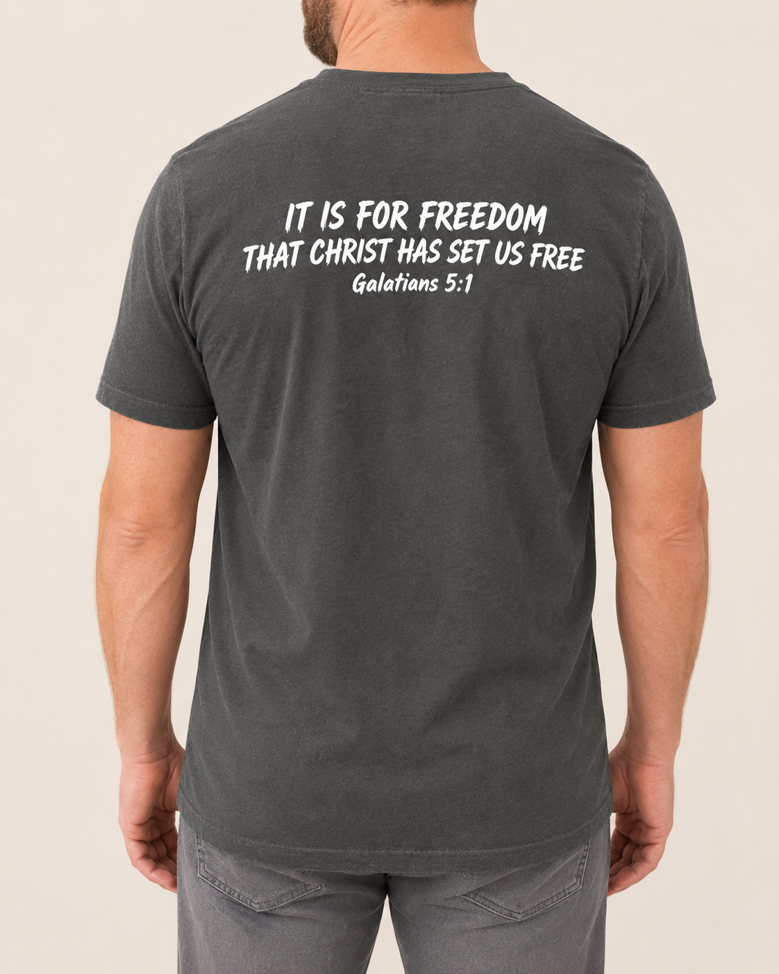 Freedom Galatians 5:1 Comfort Colors Pepper tee with BLOVD Pure White Scripture artwork, approved male warm-neutral studio back view showing the back of the neck.