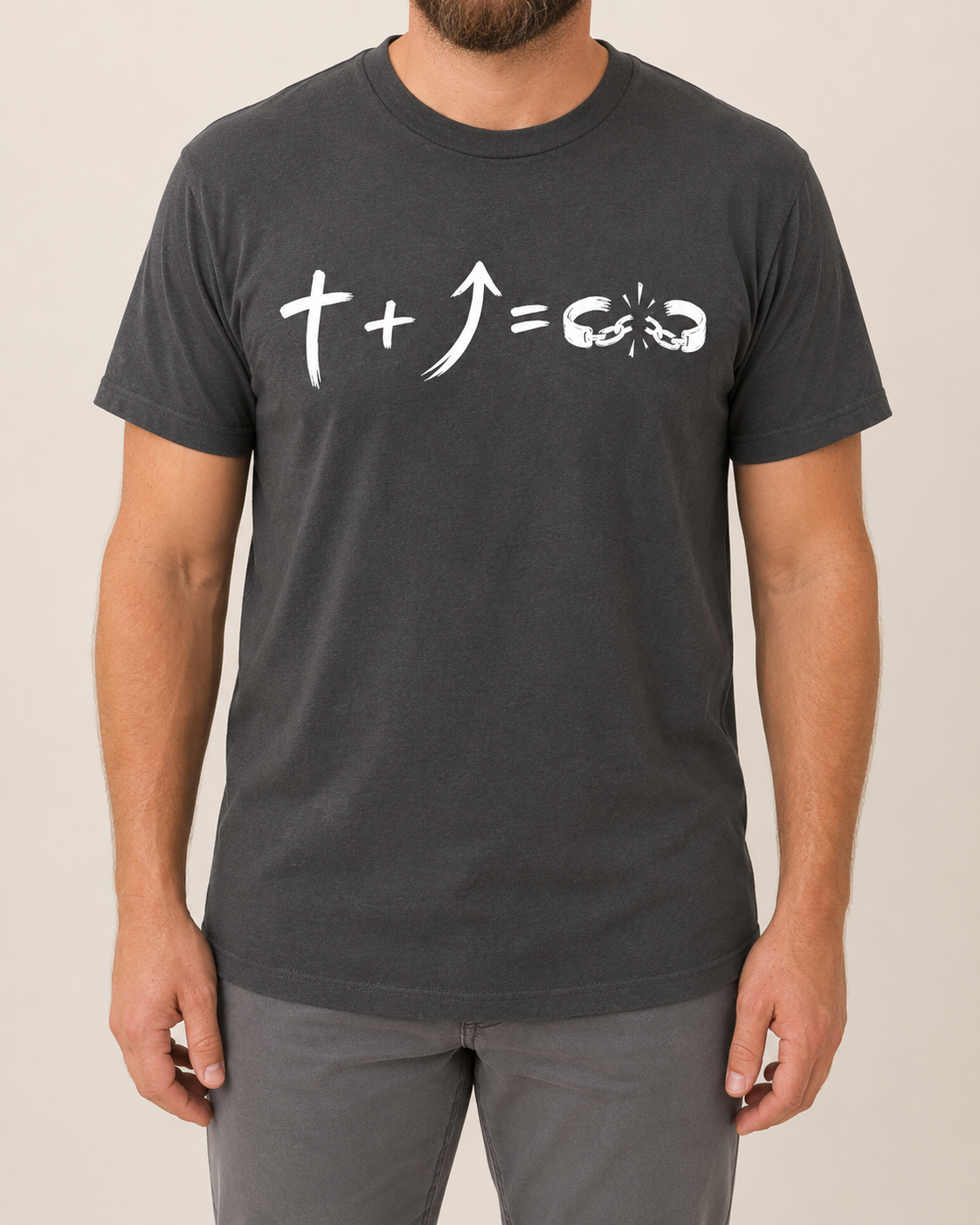 Freedom Galatians 5:1 Comfort Colors Pepper tee with BLOVD Pure White artwork, approved male warm-neutral studio front view cropped below the lips.