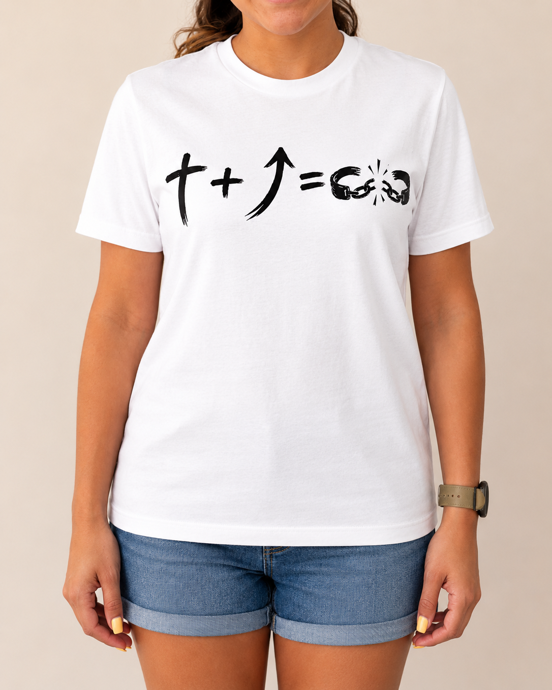 Freedom Galatians 5:1 Bella+Canvas White tee with BLOVD True Black artwork, approved female warm-neutral studio front view cropped below the lips.