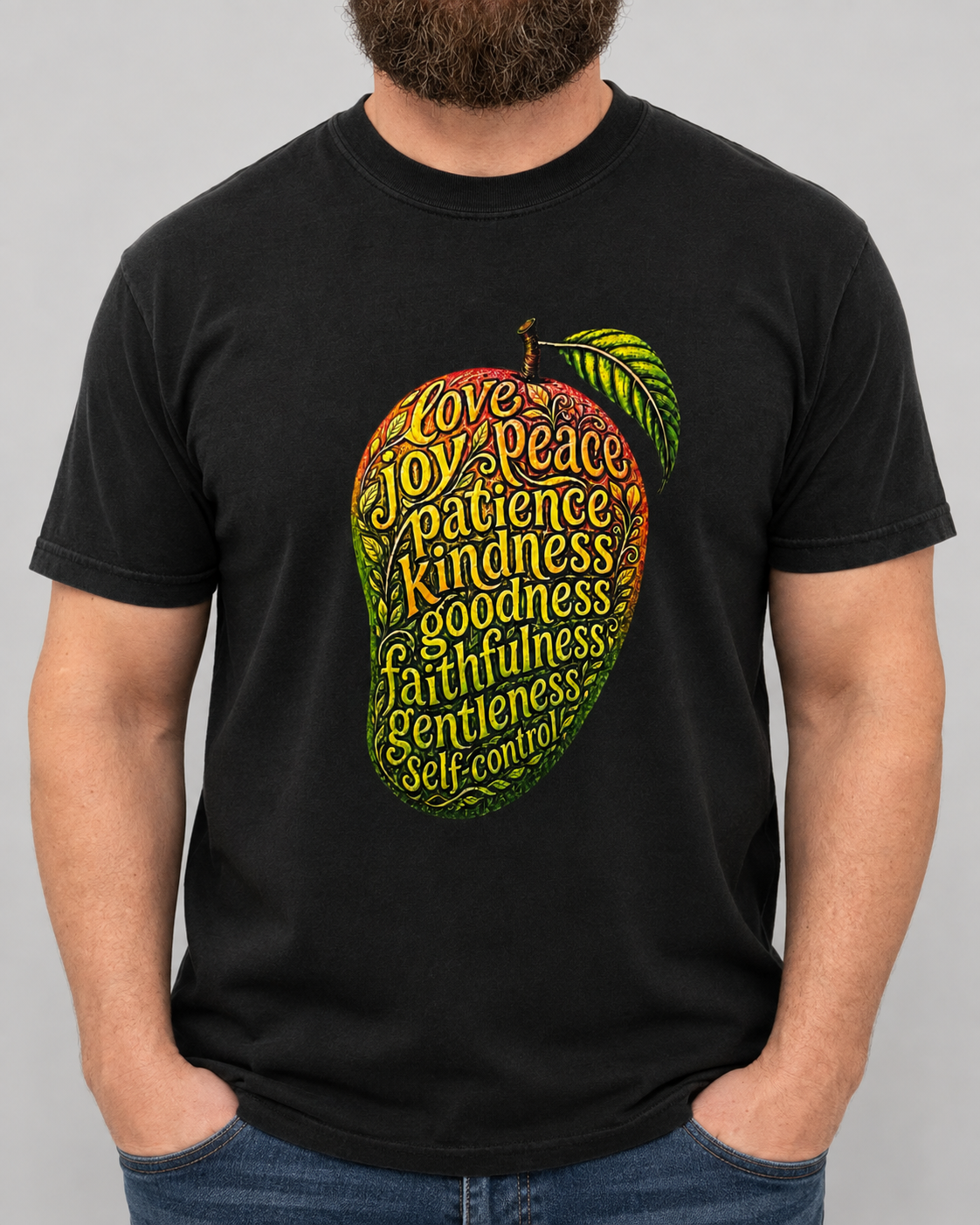 Fruit of the Spirit Black Comfort Colors 1717 tee on male model, studio front view