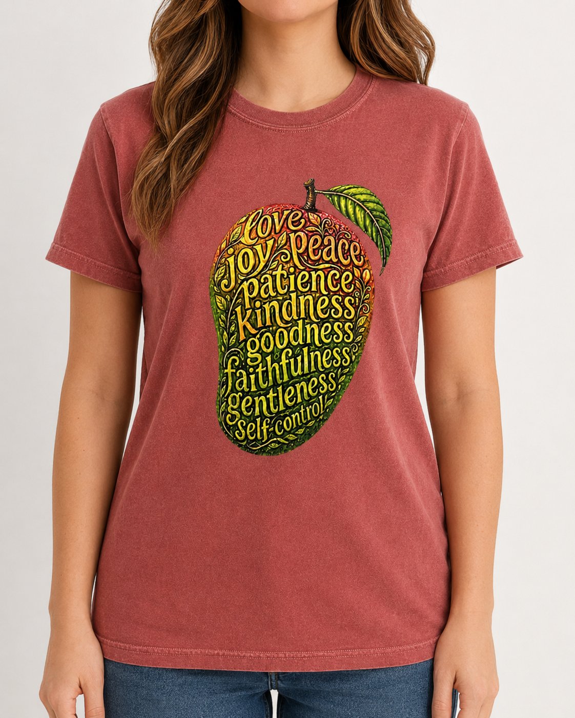 Fruit of the Spirit Crimson Comfort Colors 1717 tee on female model, studio front view